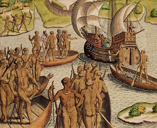 ''The Lusitanians send a second Boat towards me'', from ''Americae Tertia Pars...'' a Theodore de Bry