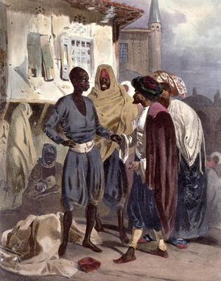 The Slave Market at Ak-Hissar, Turkey, c.1830-35 (colour litho) a Theodore Leblanc
