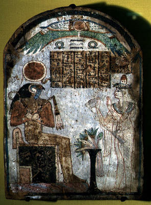 Stela depicting Tachenes praying before the god Re-Horakhty, 900 BC (painted wood) a Third Intermediate Period Egyptian