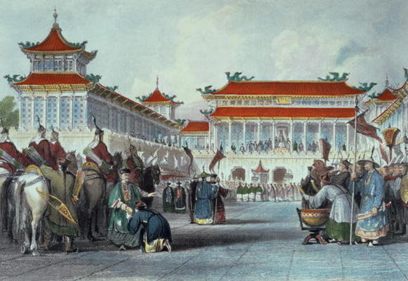 The Emperor Teaon-Kwang Reviewing his Guards, Palace of Peking, from 'China in a Series of Views' by a Thomas Allom