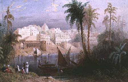 A View of an Indian city beside a river, with boats on the river and figures in the foreground a Thomas Allom