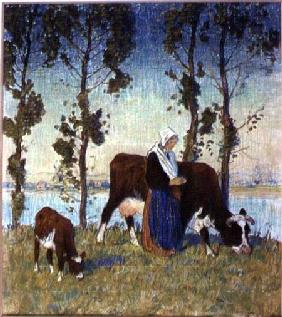 Woman with a Cow and Calf