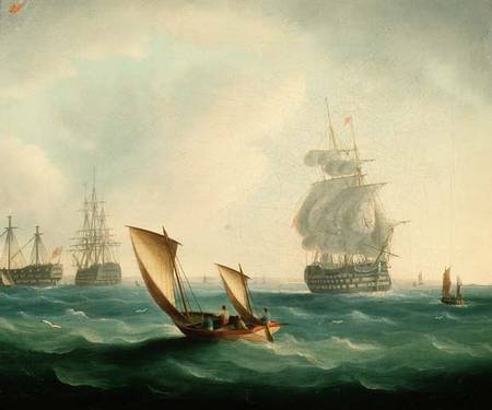 British Men-o'-war and a Hulk in a Swell, a Sailing Boat in the Foreground a Thomas Buttersworth