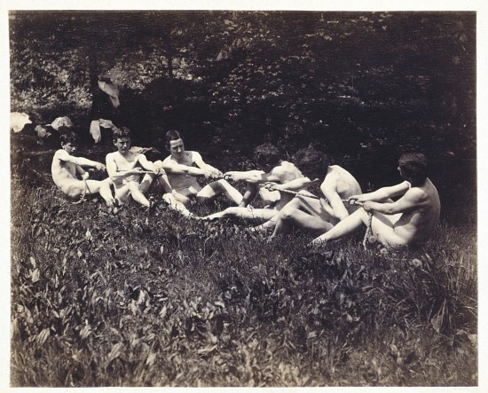 Males nudes in a seated tug-of-war a Thomas Eakins