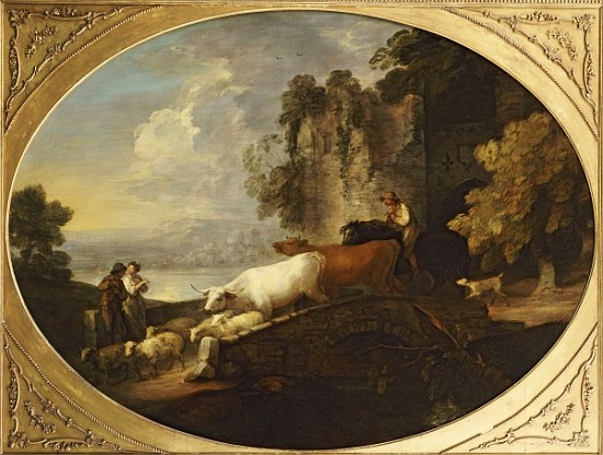 A River Landscape with Rustic Lovers, a Mounted Herdsman Driving Cattle and Sheep over a Bridge with a Thomas Gainsborough