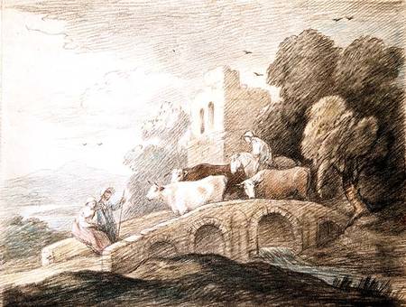 A bridge with cattle passing over a Thomas Gainsborough
