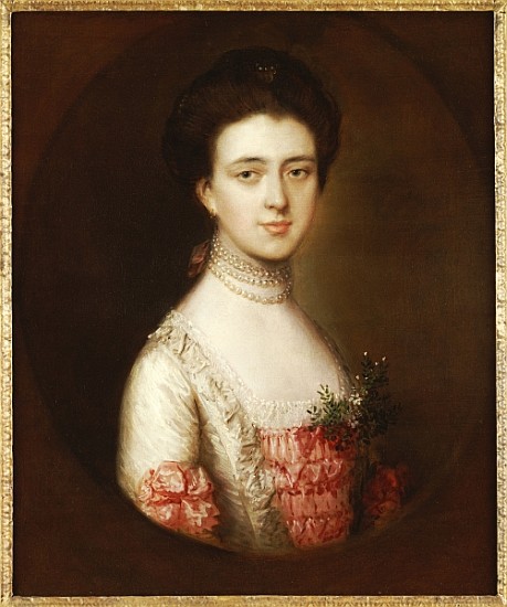Portrait of a lady, bust length, in a pink and white dress trimmed with lace and a pearl necklace a Thomas Gainsborough