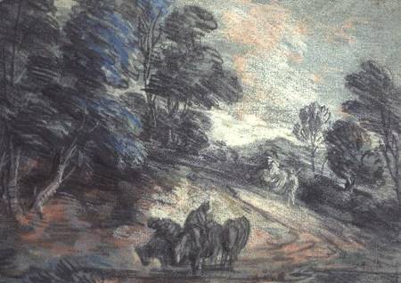 A Wooded Landscape with Horses Drinking (pastel) a Thomas Gainsborough