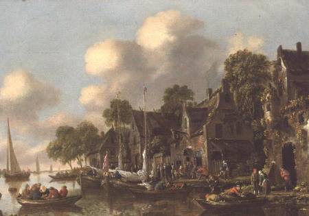 A river landscape with boats and figures by a tavern a Thomas Heeremans