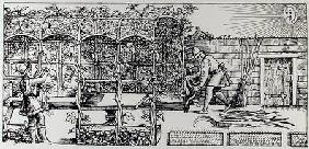 Arbour being built as a shade against the sun, from 'The Gardener's Labyrinth'
