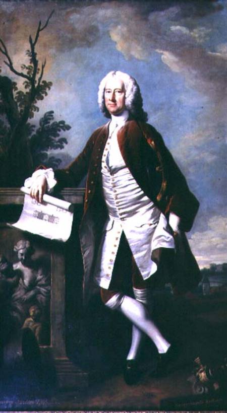 Portrait of Theodore Jacobsen, architect of the Foundling Hospital, shown holding a drawing of the W a Thomas Hudson