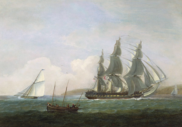 A frigate running under full sail, with a cutter and a lugger off the West Country a Thomas Luny