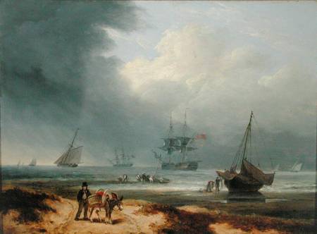 Shipping in a Windswept Bay with Men Working on the Shore a Thomas Luny