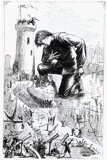 Gulliver kneels before the Lilliputians after stealing the Blefuscudian fleet, illustration from ''G a Thomas Morten