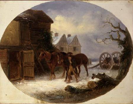Boy leading horses to a barn in the snow a Thomas Smythe