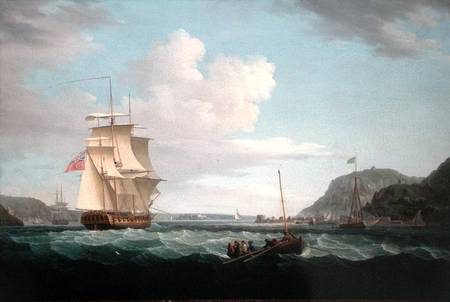 A British Frigate with a Longboat off the Headland of Gallows Hill, Broad Bay, Isle of Lewis, Hebrid a Thomas Whitcombe