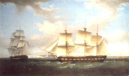The Indiaman in two positions off Walmer Castle, Kent a Thomas Whitcombe