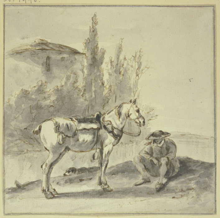 Ein Bauer sitzt bei seinem Pferde a Thomas Wijck