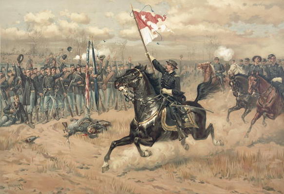 Sheridan's famous ride at the Battle of Cedar Creek Virginia in 1864 (colour litho) a Thure de Thulstrup