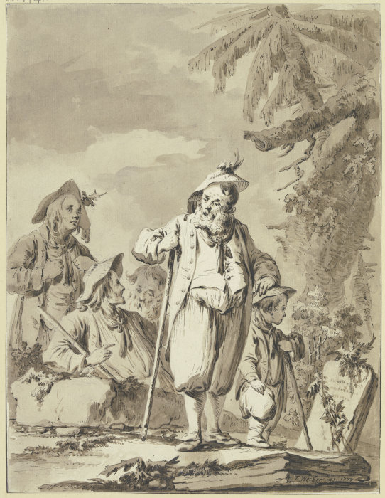 Ein alter Bauer mit drei Begleitern und einem Knaben bei einem Gedenkstein a Tiberius Dominikus Wocher
