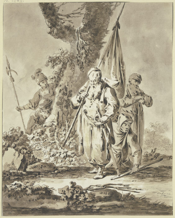 Ein alter Mann mit Fahne und Degen sowie zwei weitere Figuren, allesamt den Blick zu Boden gesenkt,  a Tiberius Dominikus Wocher