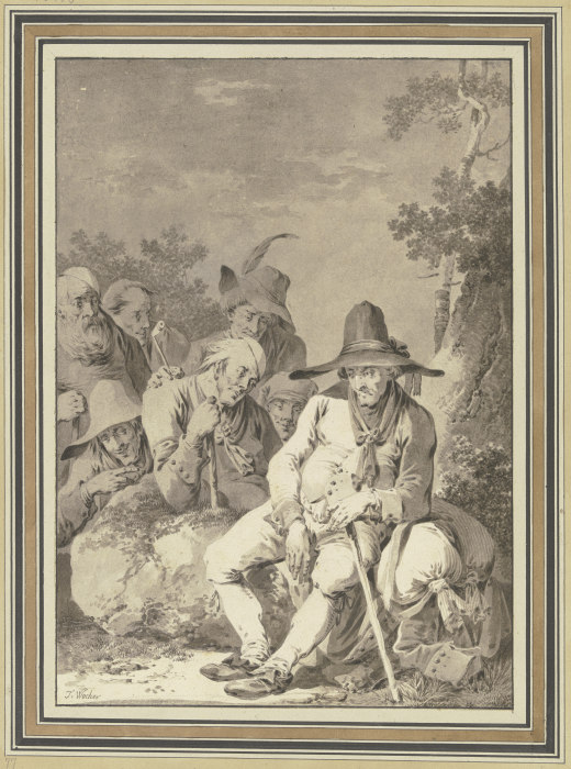 Sitzender Bauer mit großem Hut, bei seinem Gepäck rastend, und sechs Begleiter a Tiberius Dominikus Wocher