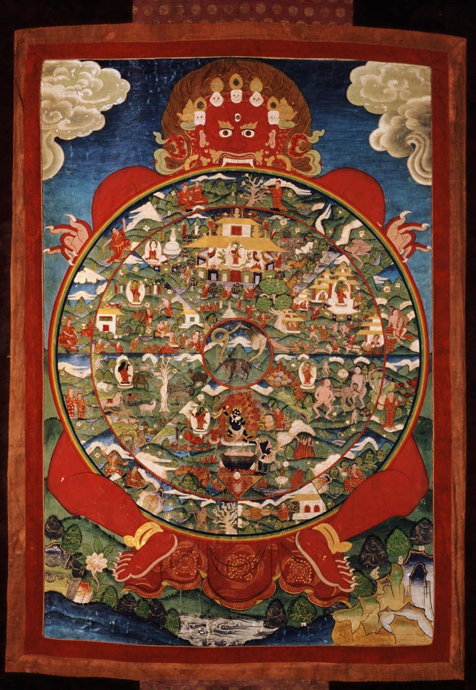 Thangka, depicting Wheel of Life turned by red Yama (Lord of Death) a Tibetan