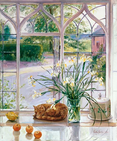 Irises and Sleeping Cat, 1990  a Timothy  Easton