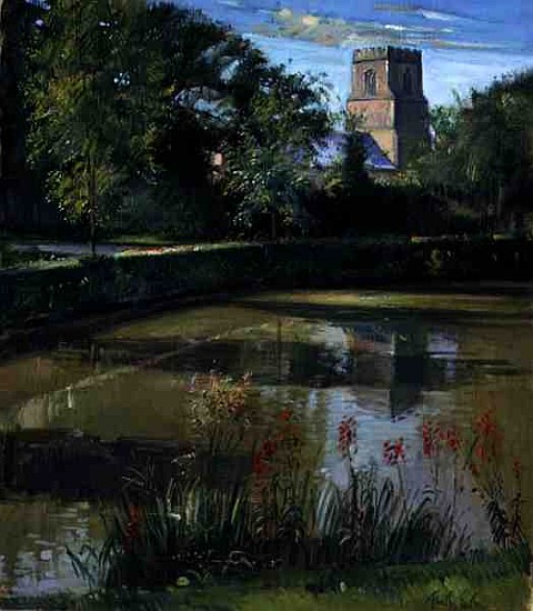 Across the Moat, Bedfield (oil on canvas)  a Timothy  Easton