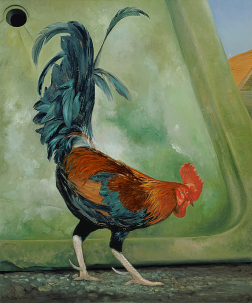 Popinjay, detail showing cockerel, 1987 (oil on canvas)  a Timothy  Easton