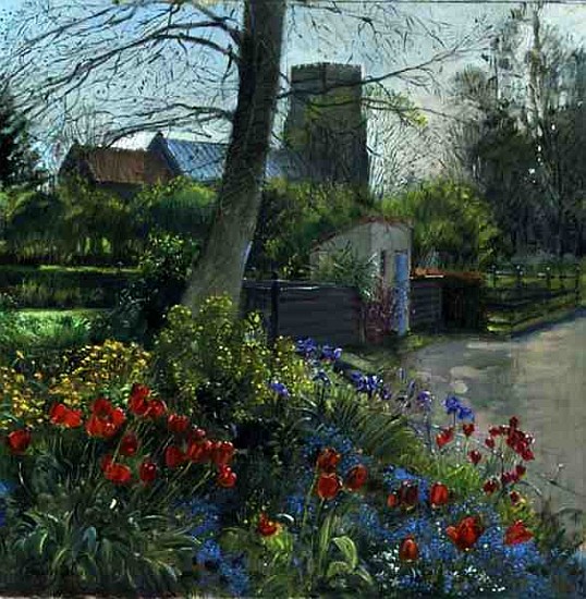 Red Tulips and Bedfield Church (oil on canvas)  a Timothy  Easton