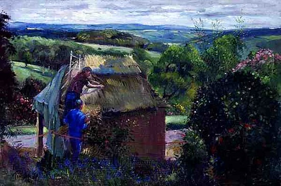 Thatching the Summer House, Lanhydrock House, Cornwall, 1993 (oil on canvas)  a Timothy  Easton