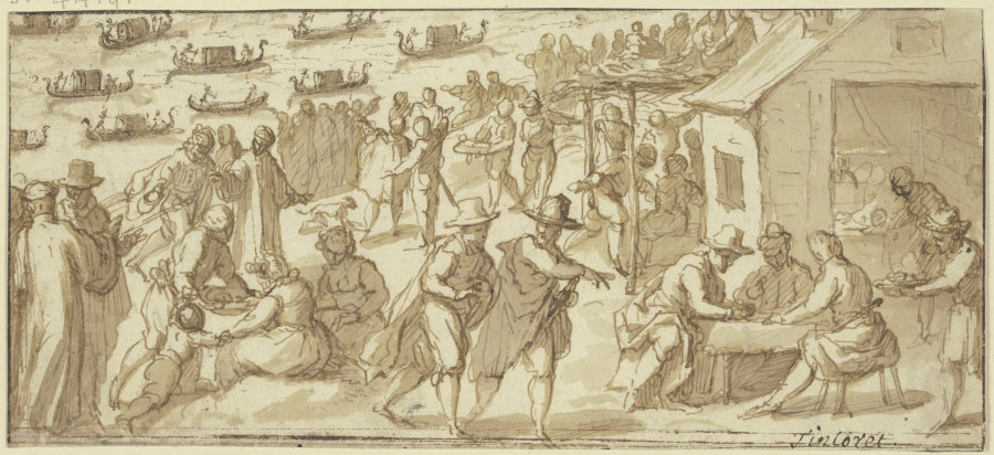 Volksszene am Ufer eines venezianischen Kanals mit Gondeln a Tintoretto