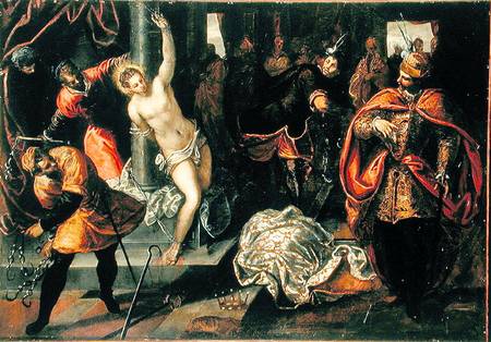 Saint Catherine of Alexandria being whipped in the presence of Emperor Maxentius a Tintoretto (alias Jacopo Robusti)