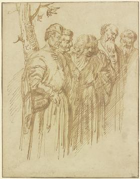 Gruppe von fünf stehenden Männern aus dem Fresko mit dem Wunder vom angefügten Fuß in der Scuola del