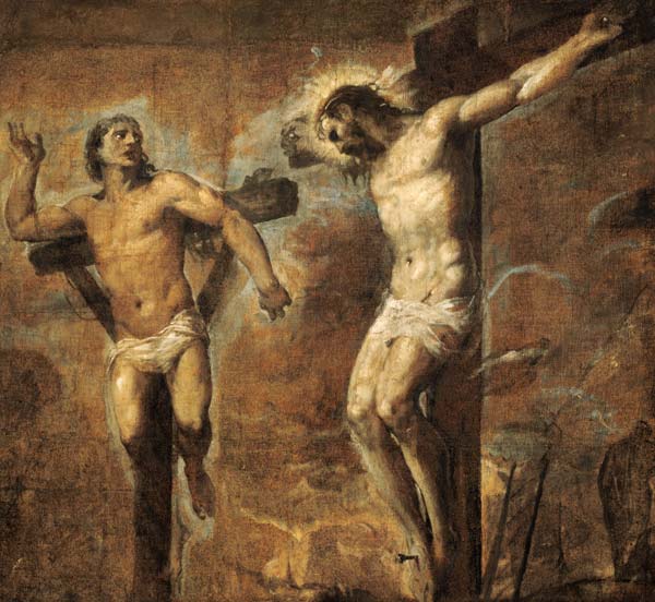 Christ on the Cross and the Good Thief a Tiziano (alias Tiziano Vercellio)