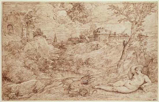 Landscape with a Dragon and a Nude Woman Sleeping (pen & ink and wash on paper) a Tiziano (alias Tiziano Vercellio)