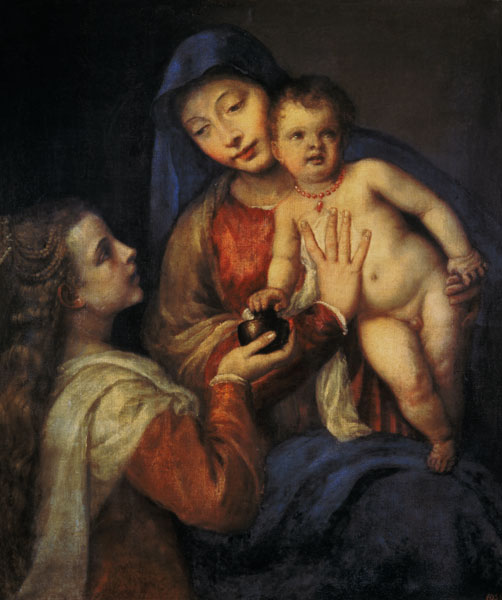 Madonna with child and Maria Magdalena. a Tiziano (alias Tiziano Vercellio)