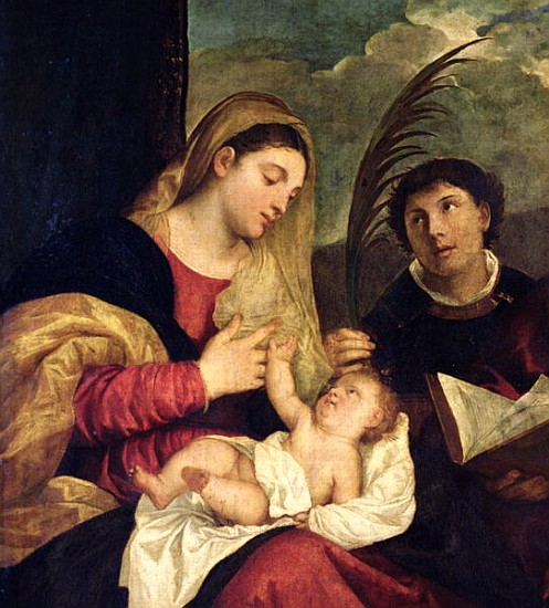 Madonna and Child with SS. Stephen, Jerome and Maurice (detail of 108505) a Tiziano (alias Tiziano Vercellio)