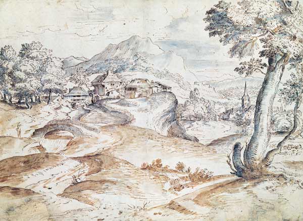 Wooded landscape with village and church (wash & ink on paper) a Tiziano (alias Tiziano Vercellio)