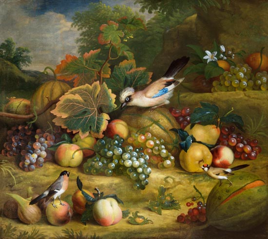 Fruit still life with jay and finches in a landscape. a Tobias Stranover