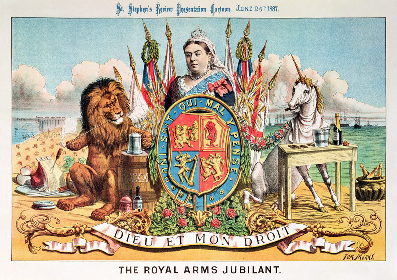 The Royal Arms Jubilant, from 'St. Stephen's Review Presentation Cartoon', 25 June 1887 (colour lith a Tom Merry