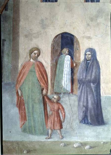 St. Peter Healing a Cripple and the Raising of Tabitha (Detail of distant figures: nun and mother an a Tommaso Masolino da Panicale