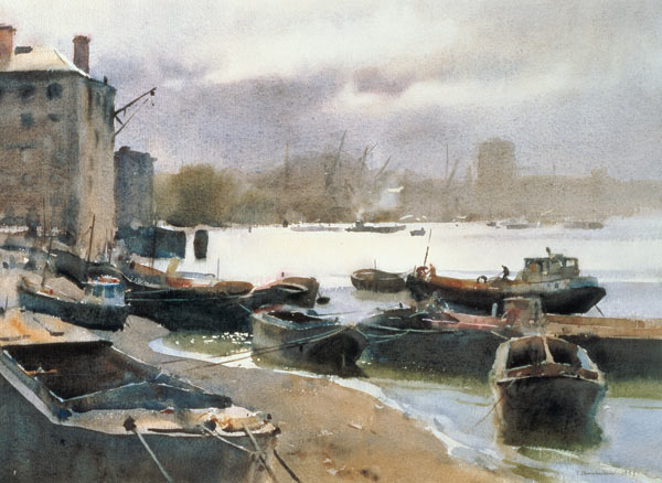A Cluster of Lighters, River Thames, 1993 (w/c on paper)  a Trevor  Chamberlain