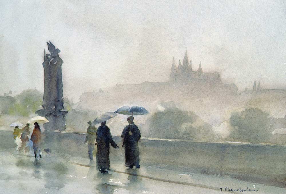 Umbrellas, Charles Bridge, Prague (w/c on paper)  a Trevor  Chamberlain