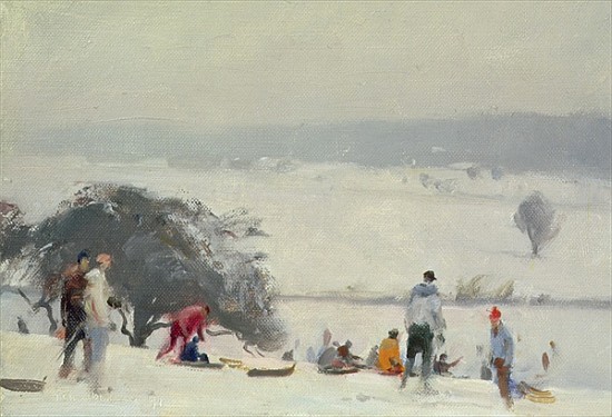 Tobogganing, The Meads, Hertford (oil on canvas)  a Trevor  Chamberlain