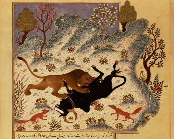 A Lion Attacking and Killing a Bull, from Rabila wa Dinma' a Scuola Turca