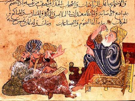 Aristotle teaching. illustration from 'The Better Sentences and Most Precious Dictions' by Al-Moubba a Scuola Turca