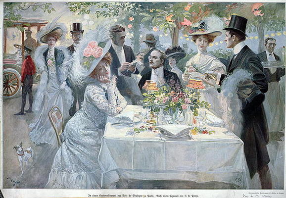 'In a restaurant in the Bois de Boulogne in Paris', late 19th century (colour litho) a U de Parns