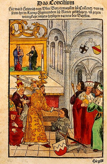 Henry of Ulm is awarded his knighthood the Emperor at the Council of Constance, from ''Chronik des K a Ulrich von Richental